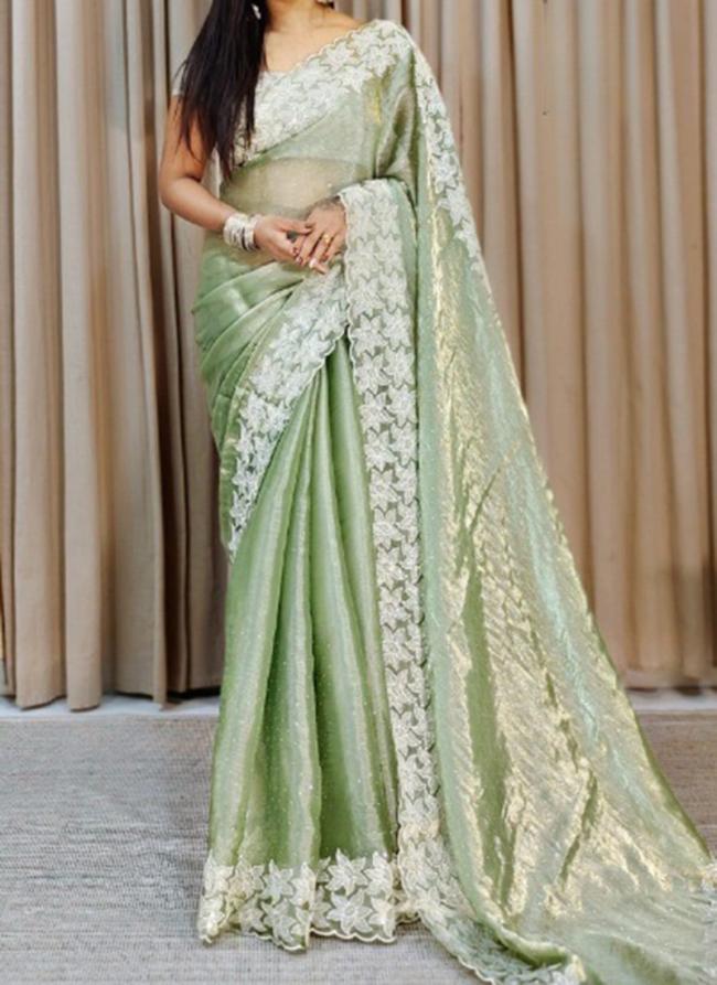 Burburry Silk Green Party Wear Embroidery Work Saree